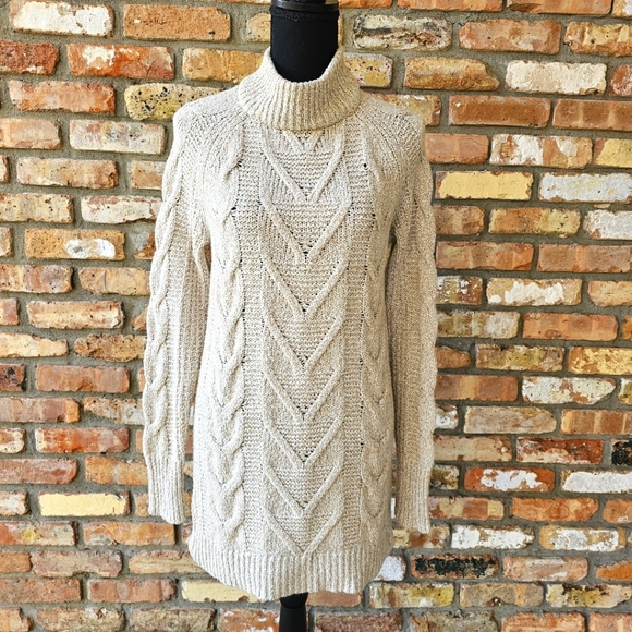 Longline Oatmeal Mock Neck Cable Knit Sweater - Picture 1 of 14